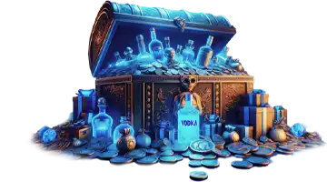 A treasure chest filled with coins and bottles of Vodka Internet Casino, symbolizing the main tournament at Vodka Online Casino.