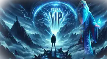 A magical VIP portal with a wizard, symbolizing the VIP transactions at Vodka Online Casino.