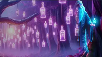 An image of a mystical forest with floating bottles, representing the cashback bonus at Vodka Gambling Platform with a magical atmosphere.