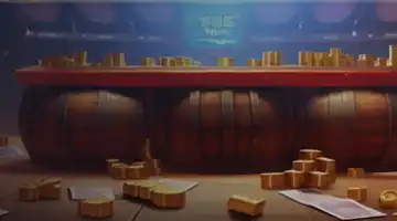 A scene of barrels and scattered coins, representing the jackpot tournament at Vodka Casino.