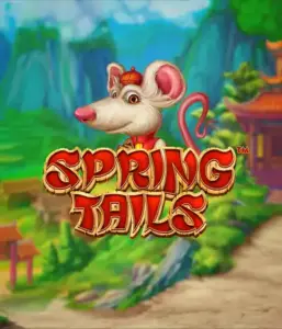 An enchanting illustration of a white rat dressed in traditional Chinese attire positioned in front of a picturesque landscape with mountains. The image is for the Spring Tails Slot by Betsoft, showcased with striking red and gold logo lettering.